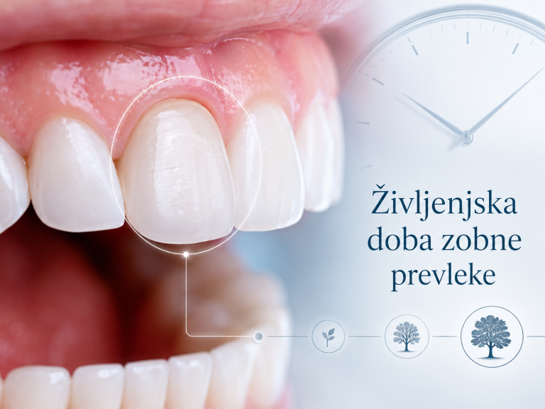 Zobna prevleka na sprednjem zobu z napisom Življenjska doba zobne prevleke