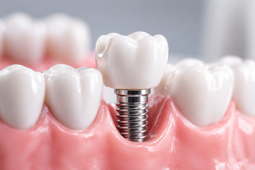 Zobni implantat s keramično krono med naravnimi zobmi na modelu čeljusti